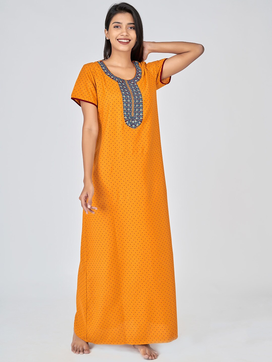 

Maybell Mustard Polka Dot Printed Maxi Nightdress