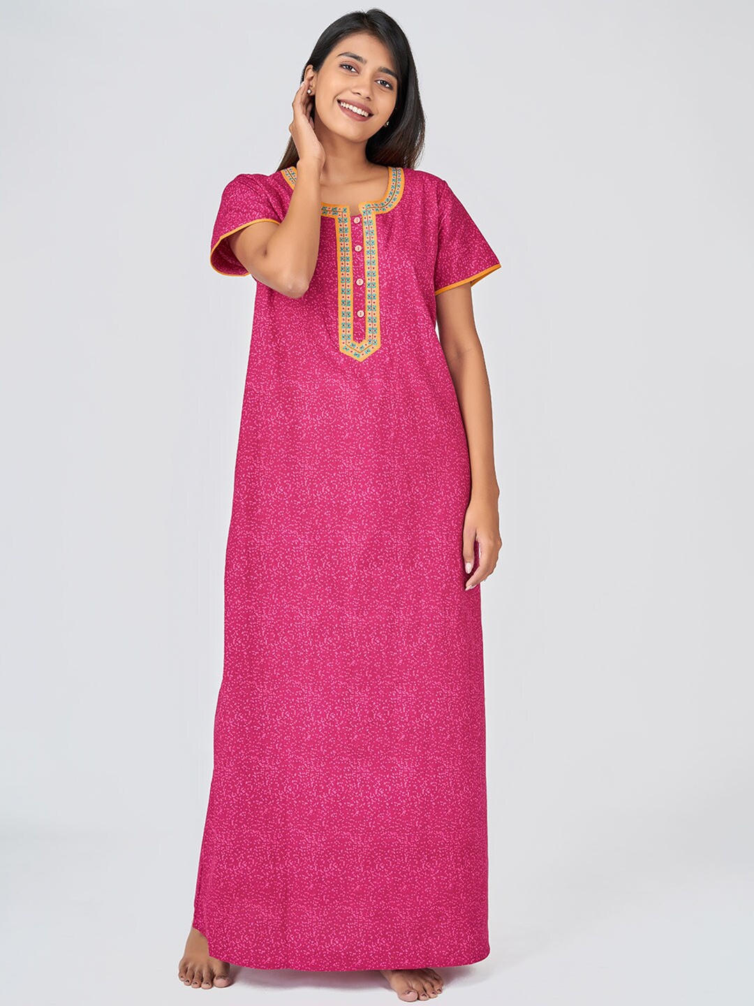

Maybell Pink Printed Pure Cotton Maxi Nightdress