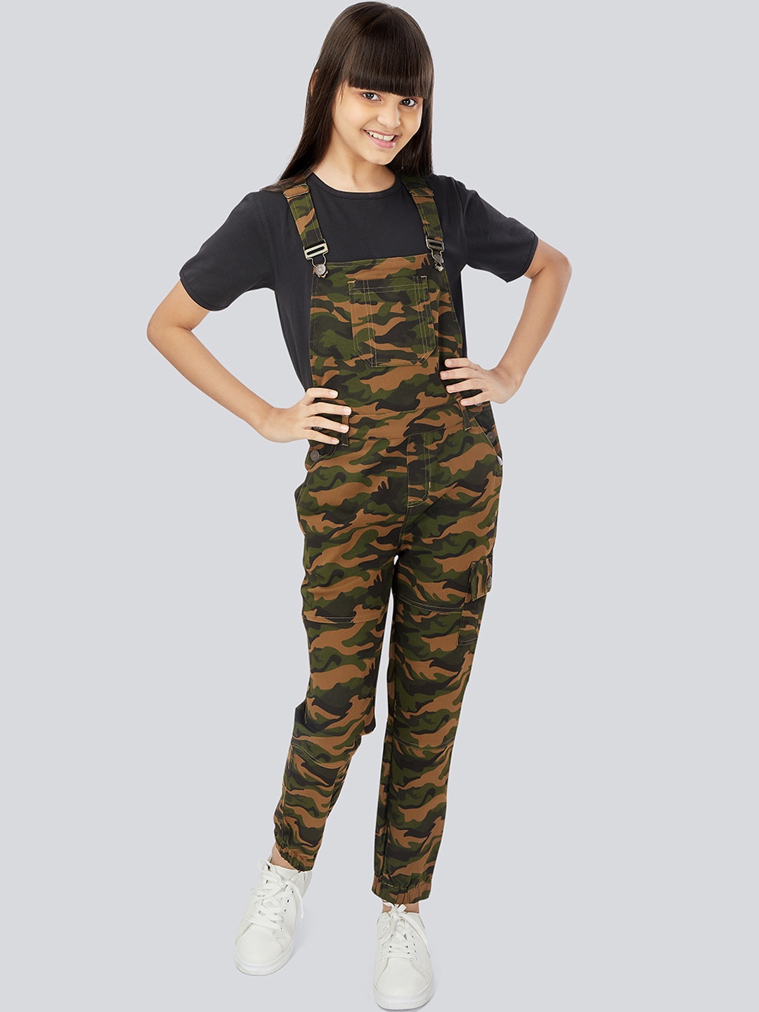 

Olele Girls Brown & Green Printed Joggers Cotton Dungarees