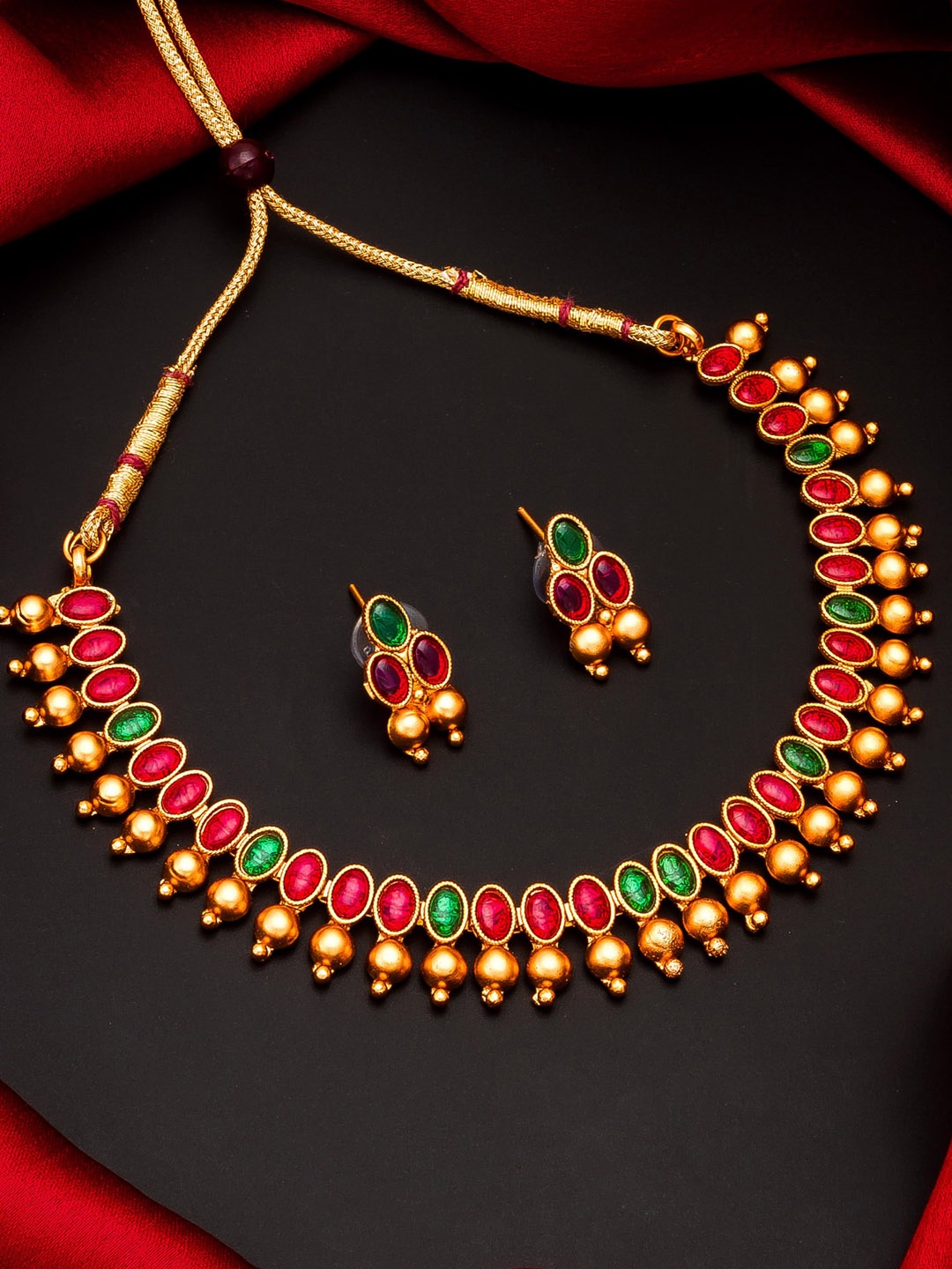 

aadita Gold-Plated Pink & Green Stone-Studded & Beaded Jewellery Set