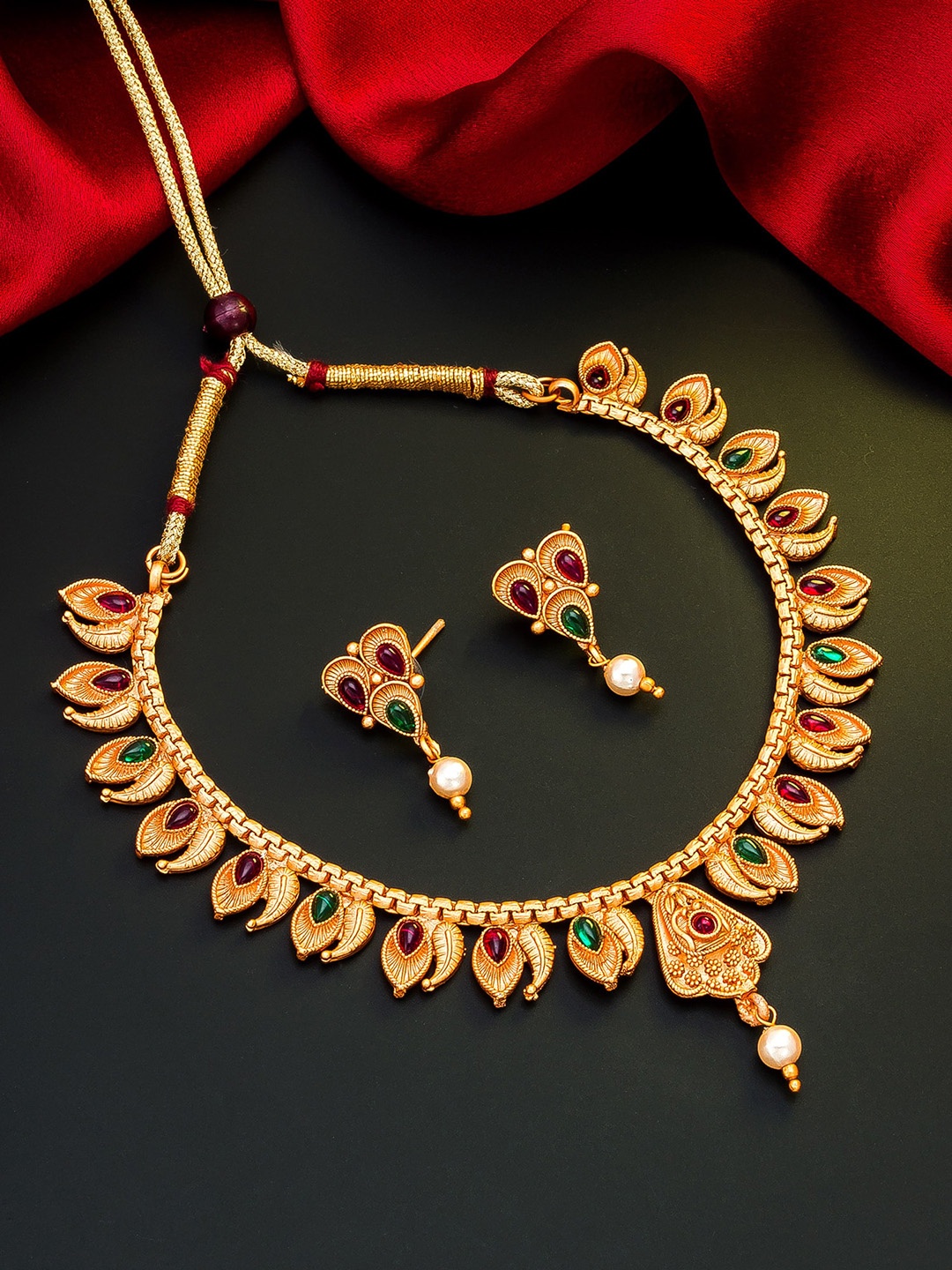 

aadita Gold-Toned Pink & Green Stone-Studded & Beaded Meenakari Jewellery Set