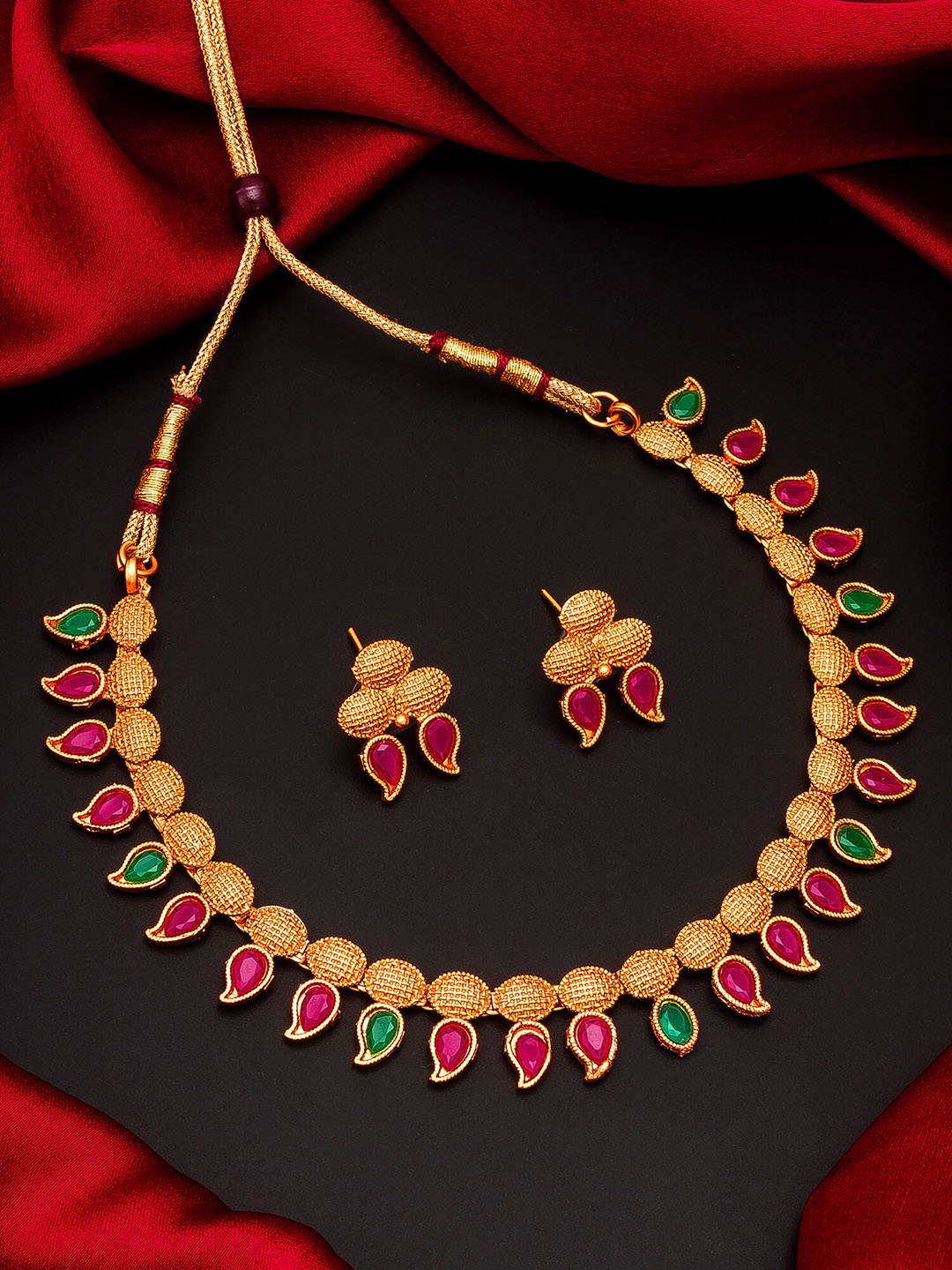 

aadita Gold-Plated & Pink Studded & Beaded Meenakari Jewellery Set
