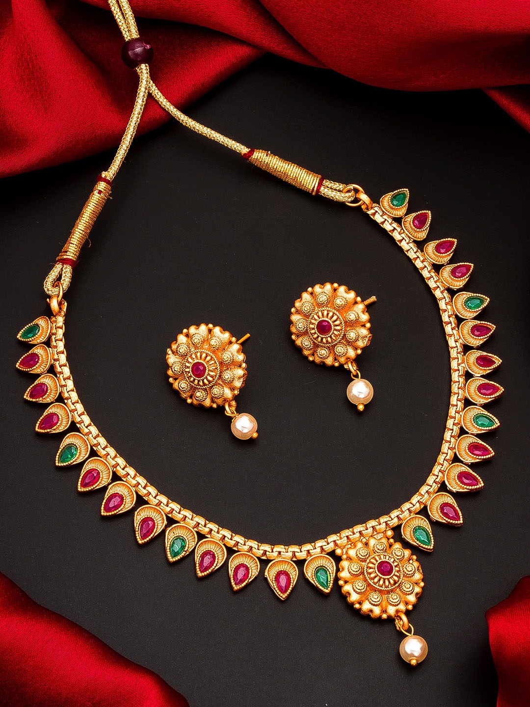 

aadita Gold-Plated Pink & Green Stone-Studded & Beaded Meenakari Jewellery Set