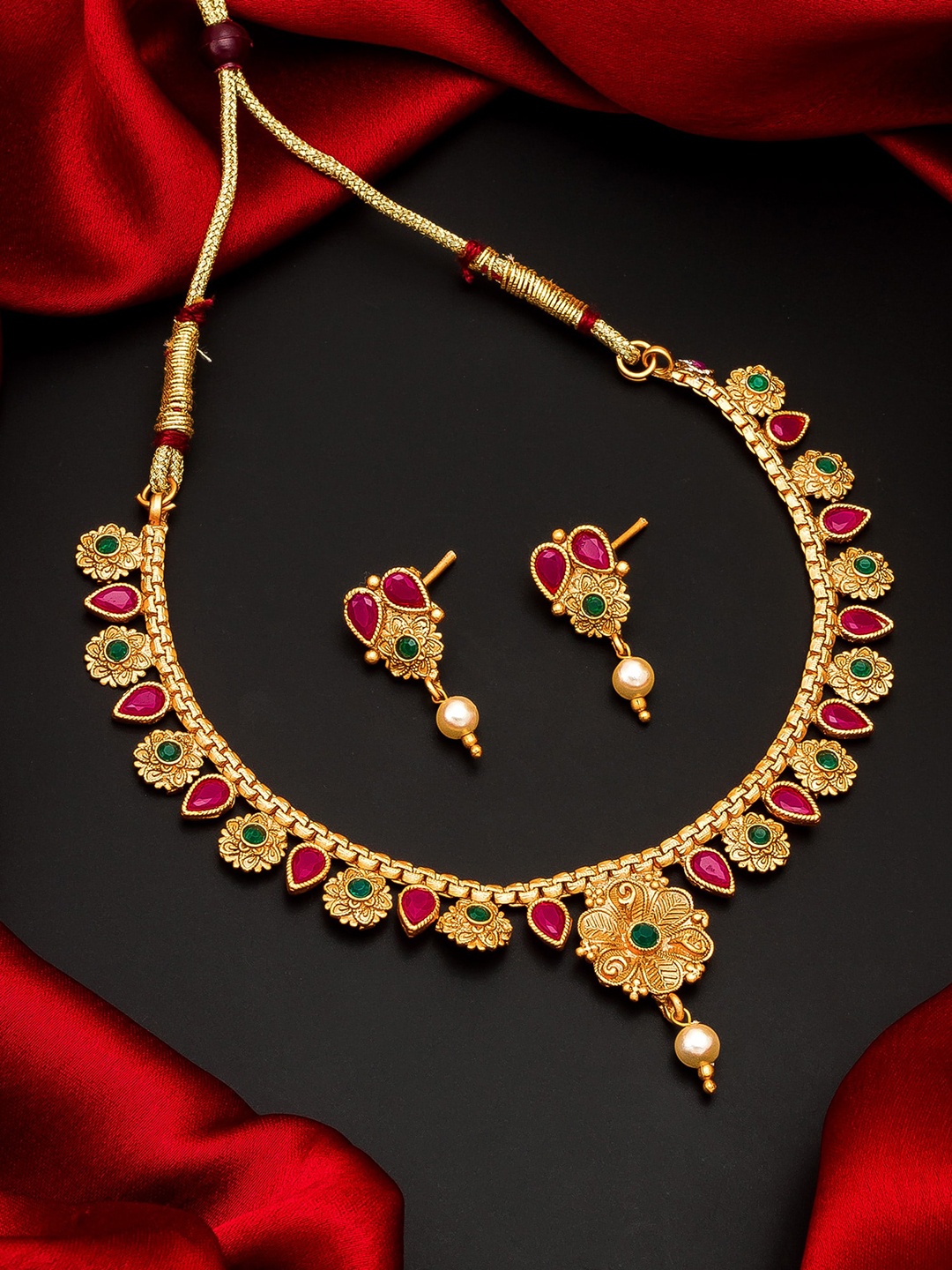 aadita Pink & Green Gold Plated Stone-Studded & Beaded Jewellery Set