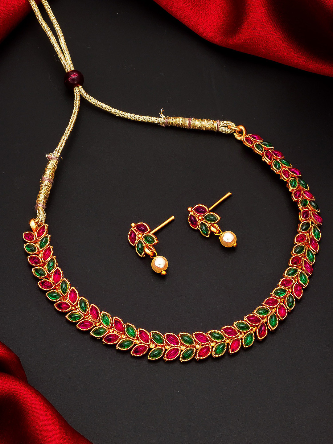 

aadita Gold-Toned & Pink Stones & Beads Meenakari Jewellery Set