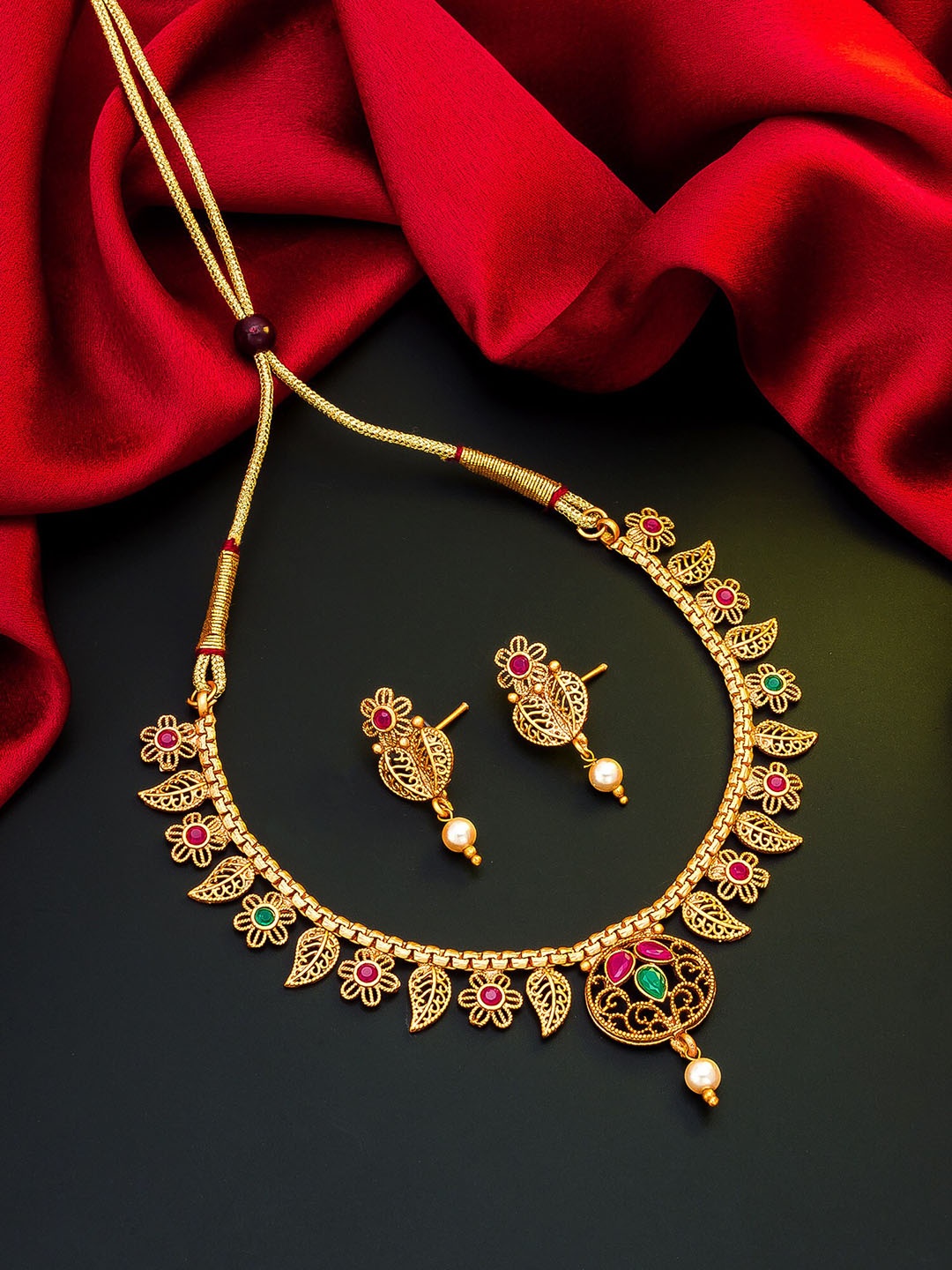 Aadita Gold-Toned Pink & Green Stone-Studded & Beaded Meenakari Jewellery Set