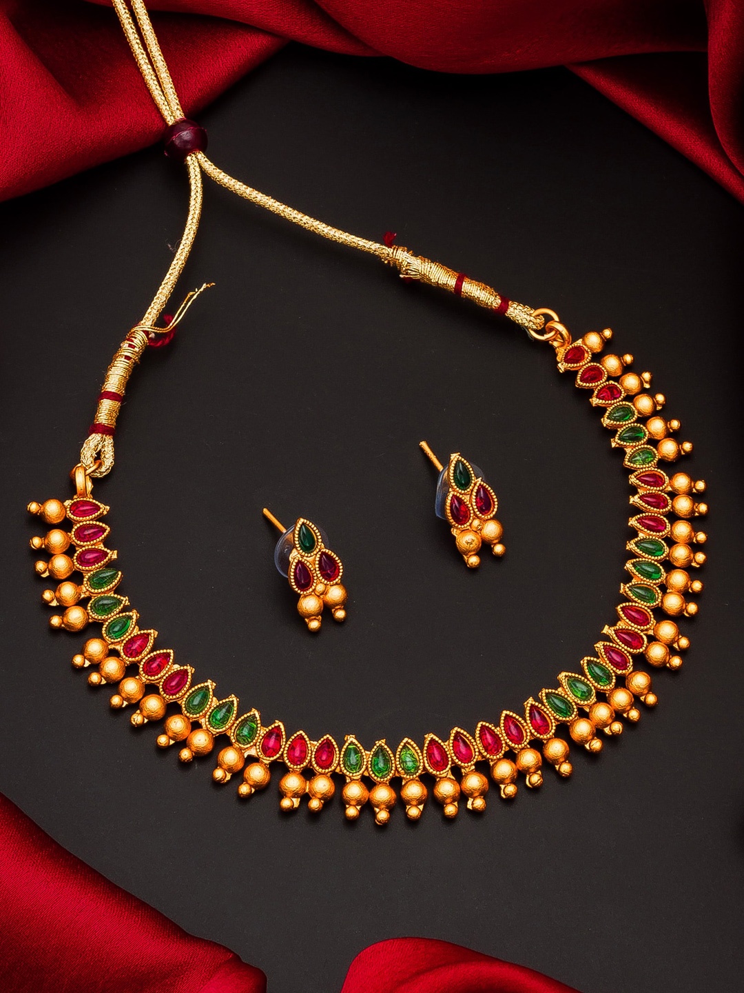 

aadita Gold-Toned & Pink Stones & Beads Meenakari Choker Jewellery Set