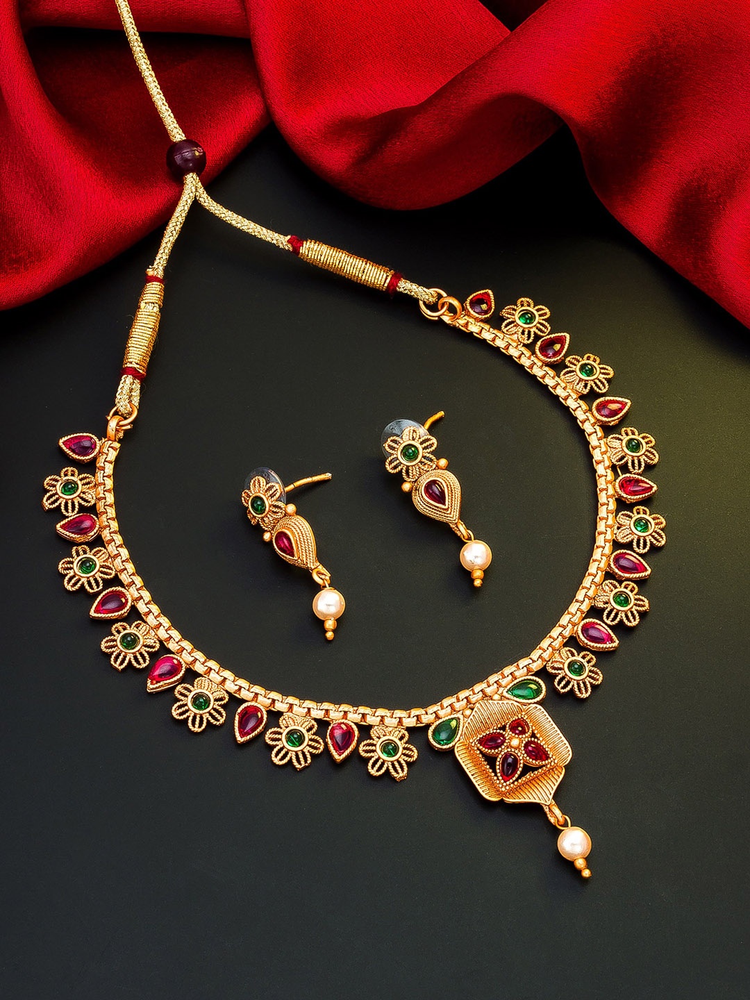 

aadita Gold-Plated & Pink Stones & Beads Choker Jewellery Set