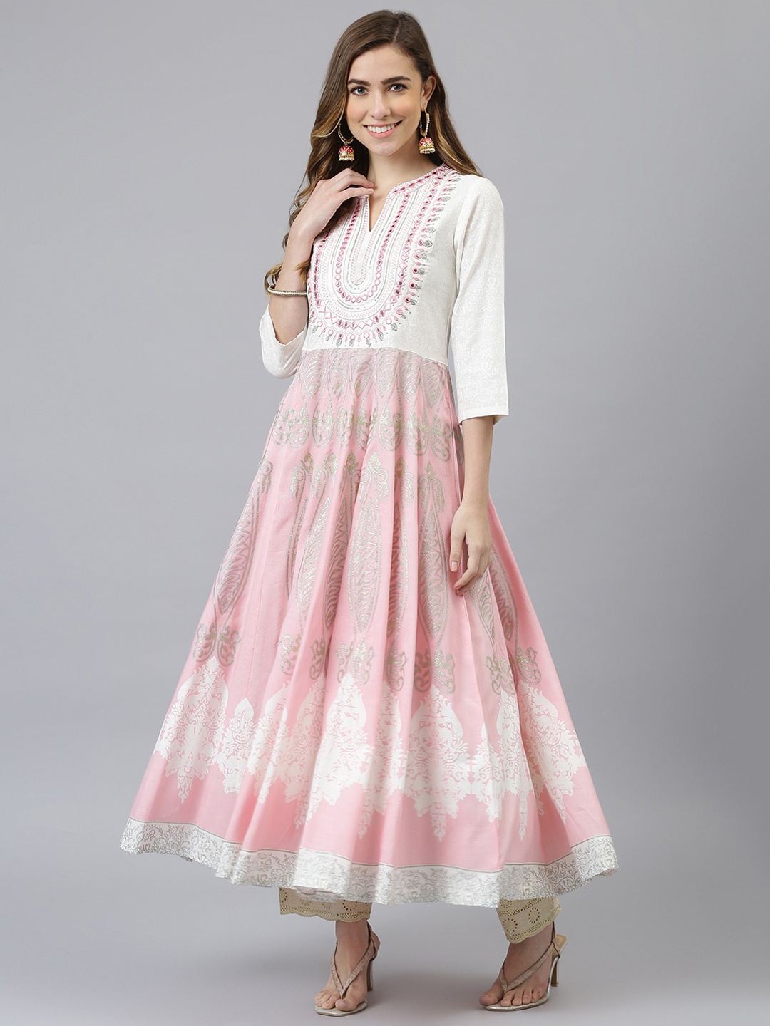 

Khushal K Women Pink Ethnic Motifs Embroidered Thread Work Anarkali Kurta