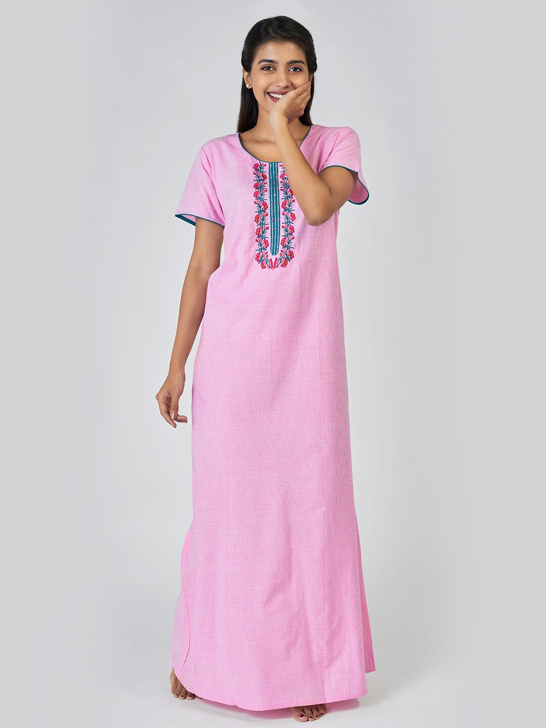 

Maybell Pink Embroidered Pure Cotton Maxi Nightdress