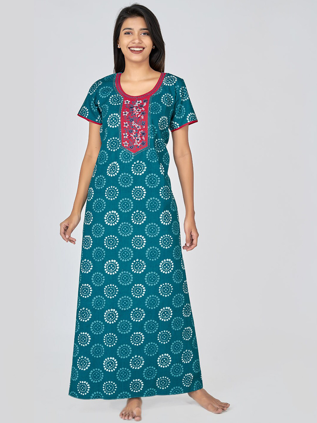 

Maybell Teal Printed Pure Cotton Maxi Nightdress