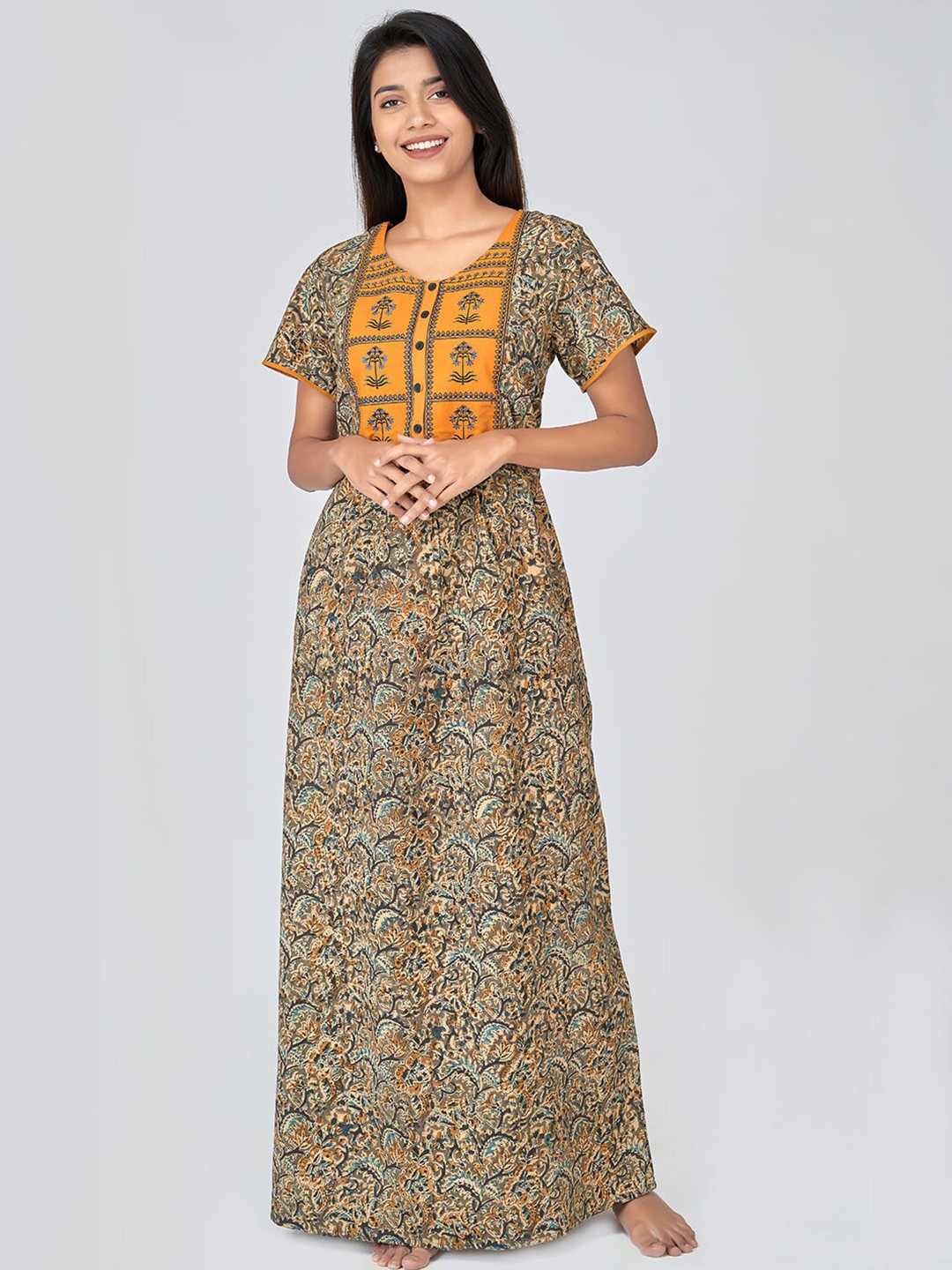 

Maybell Green Embroidered Pure Cotton Maxi Nightdress