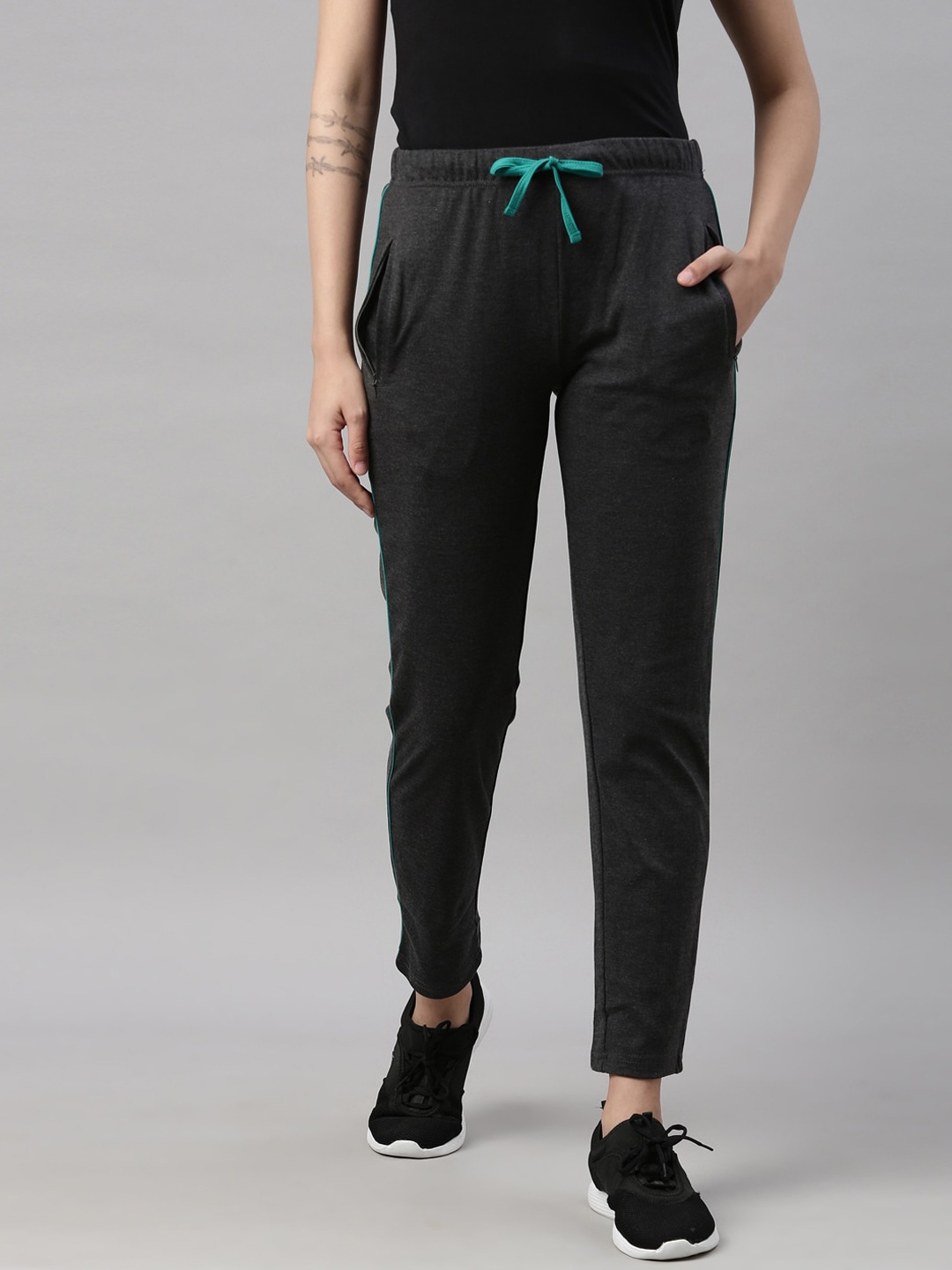 

GOLDSTROMS Woman Charcoal Solid Cotton Relaxed-Fit Track Pants