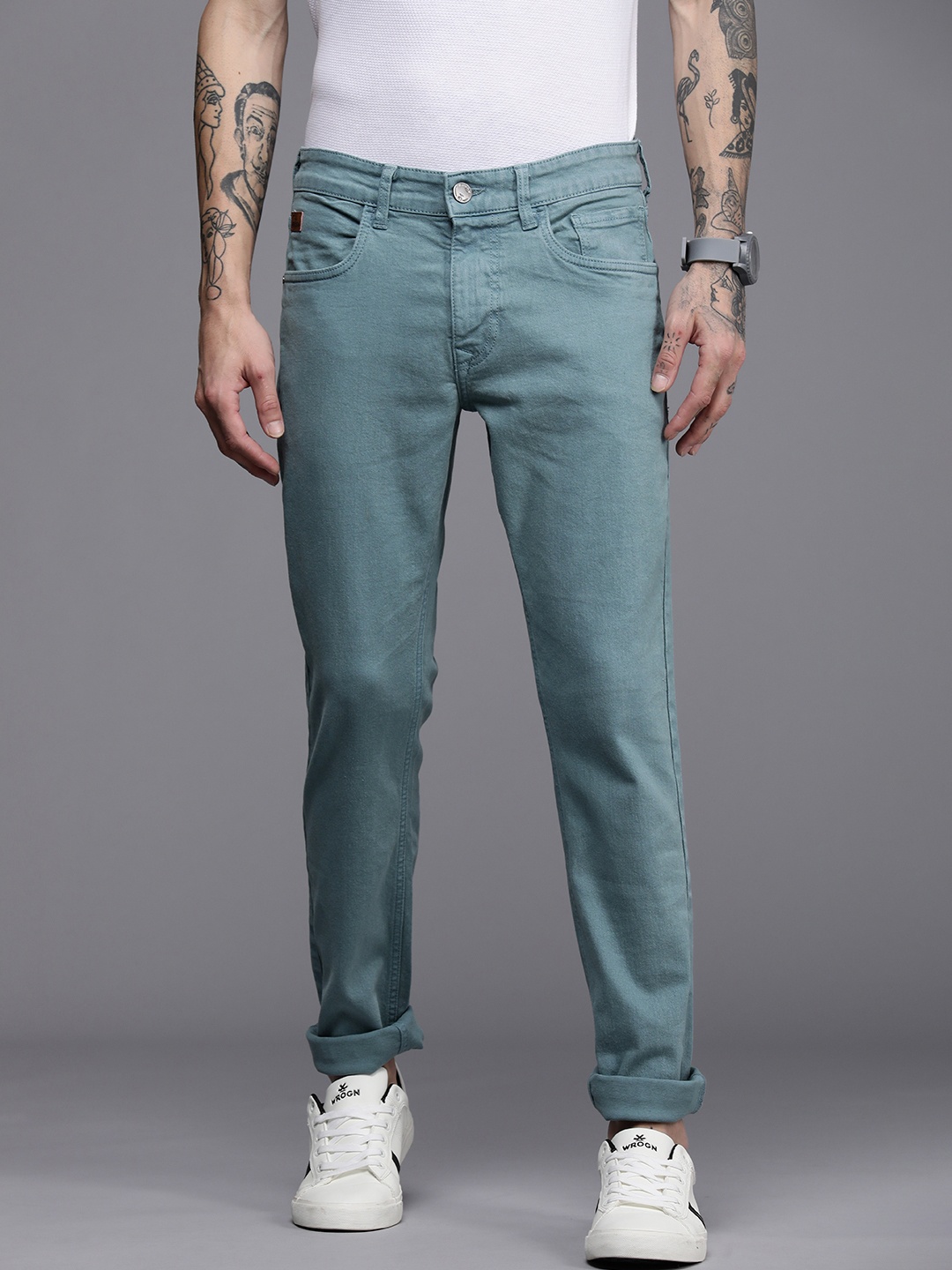 

WROGN Men Teal Green Slim Fit Mid Rise Stretchable Jeans