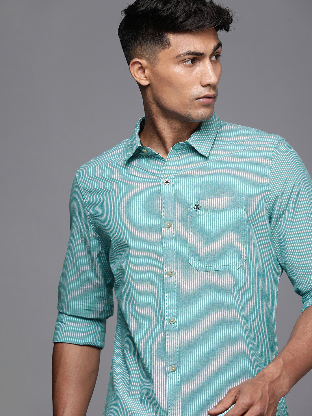 

WROGN Men Sea Green & White Bengal Striped Slim Fit Pure Cotton Casual Shirt