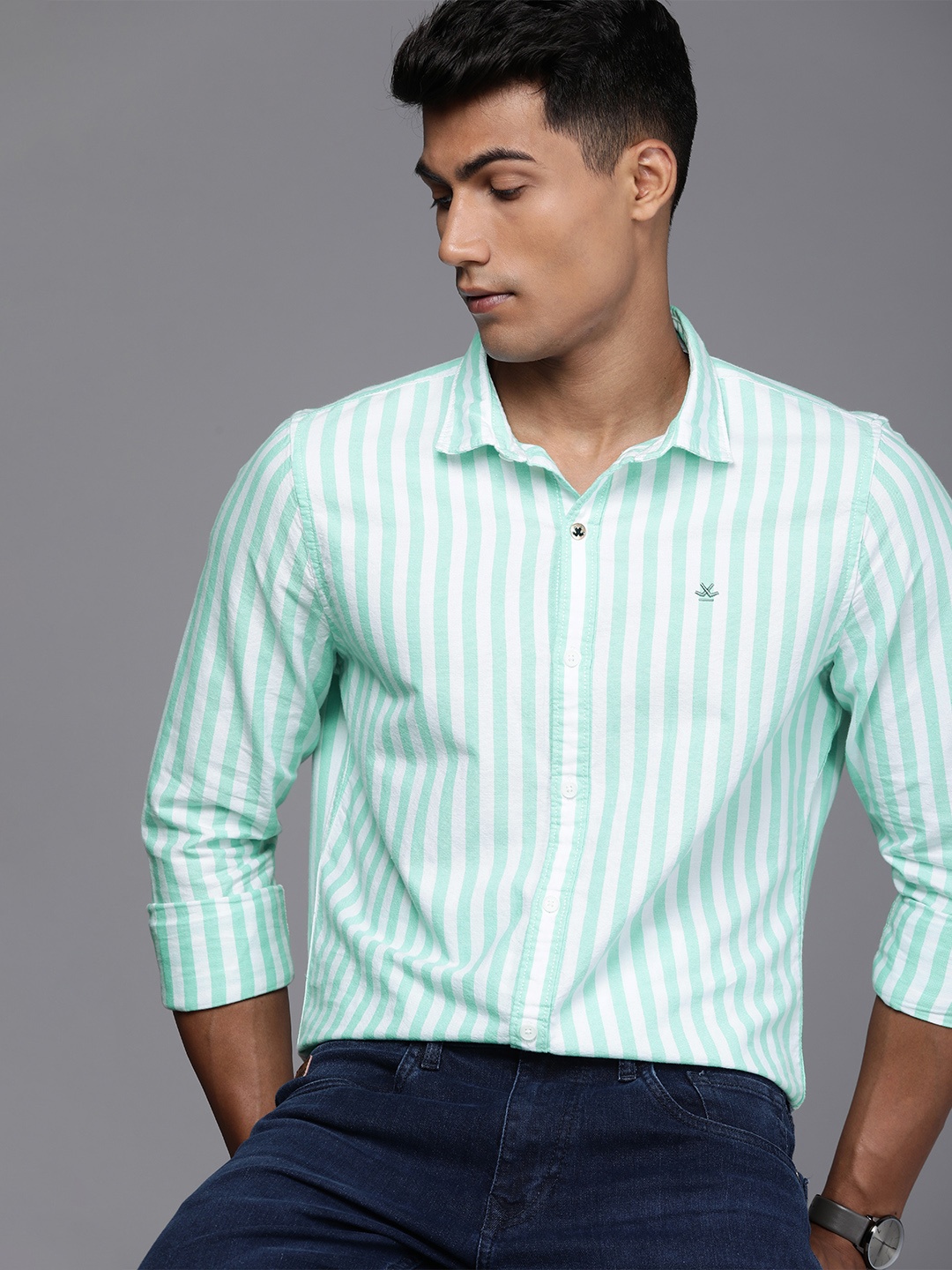 

WROGN Men Sea Green And White Slim Fit Striped Pure Cotton Casual Shirt