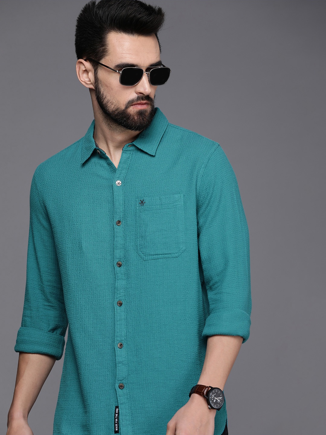 

WROGN Men Teal Green Self-Design Slim Fit Pure Cotton Casual Shirt