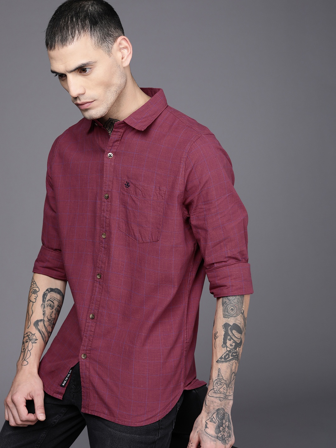 

WROGN Men Maroon Windowpane Checked Pure Cotton Casual Shirt