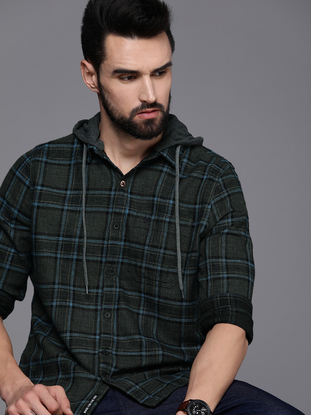 

WROGN Men Olive Green & Charcoal Grey Slim Fit Checked Casual Shirt with Detachable Hood