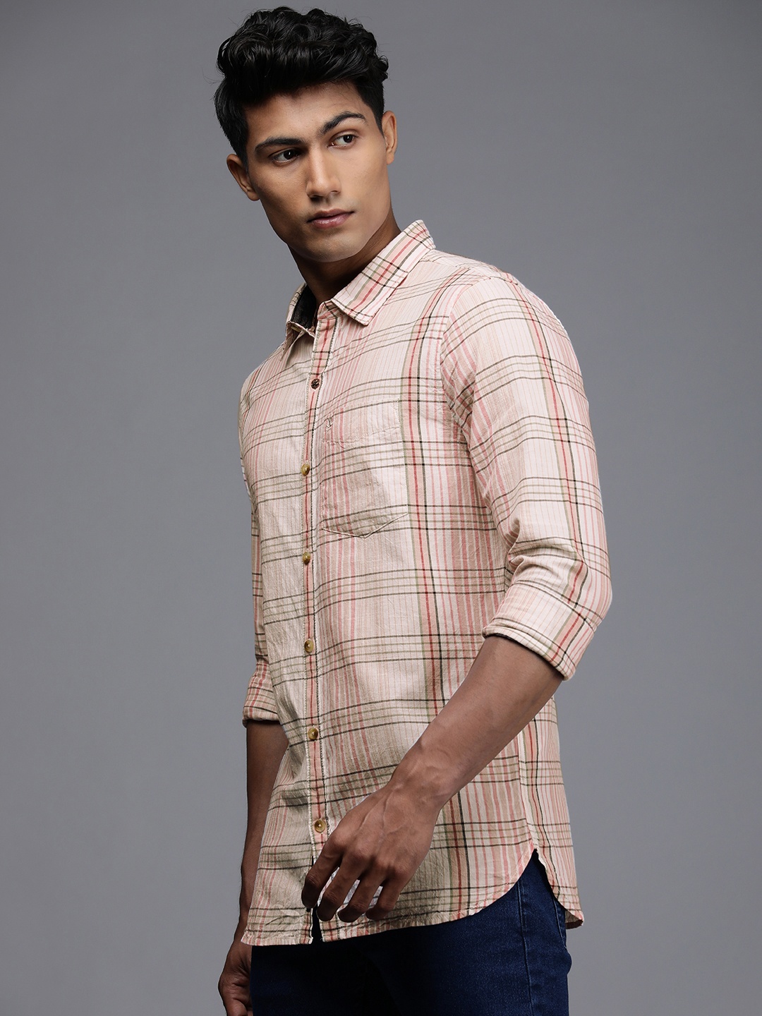

WROGN Men Pink Multi Stripes Full Sleeves Pure Cotton Casual Shirt