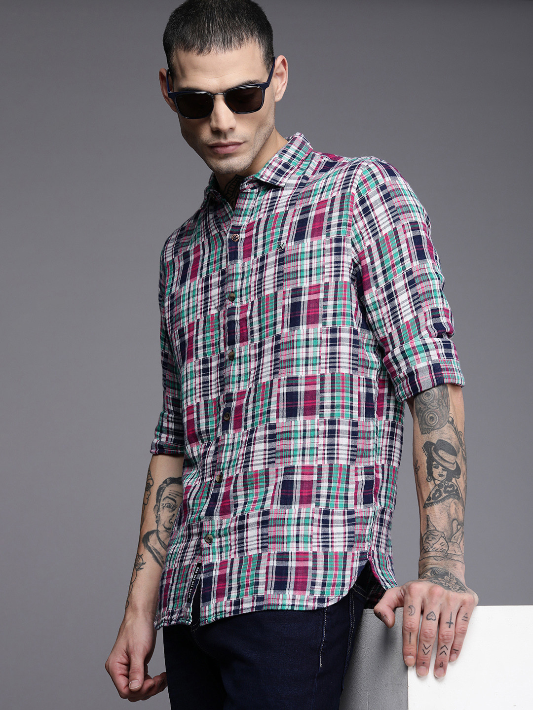 

WROGN Men Multicoloured Checked Pure Cotton Casual Shirt, Multi