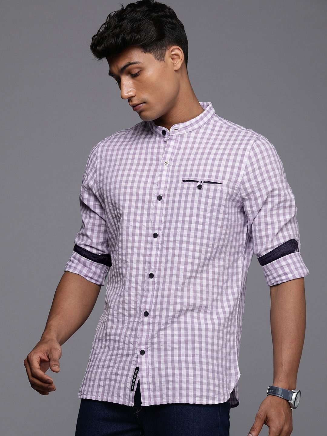 

WROGN Men White & Purple Slim Fit Gingham Checks Checked Casual Shirt