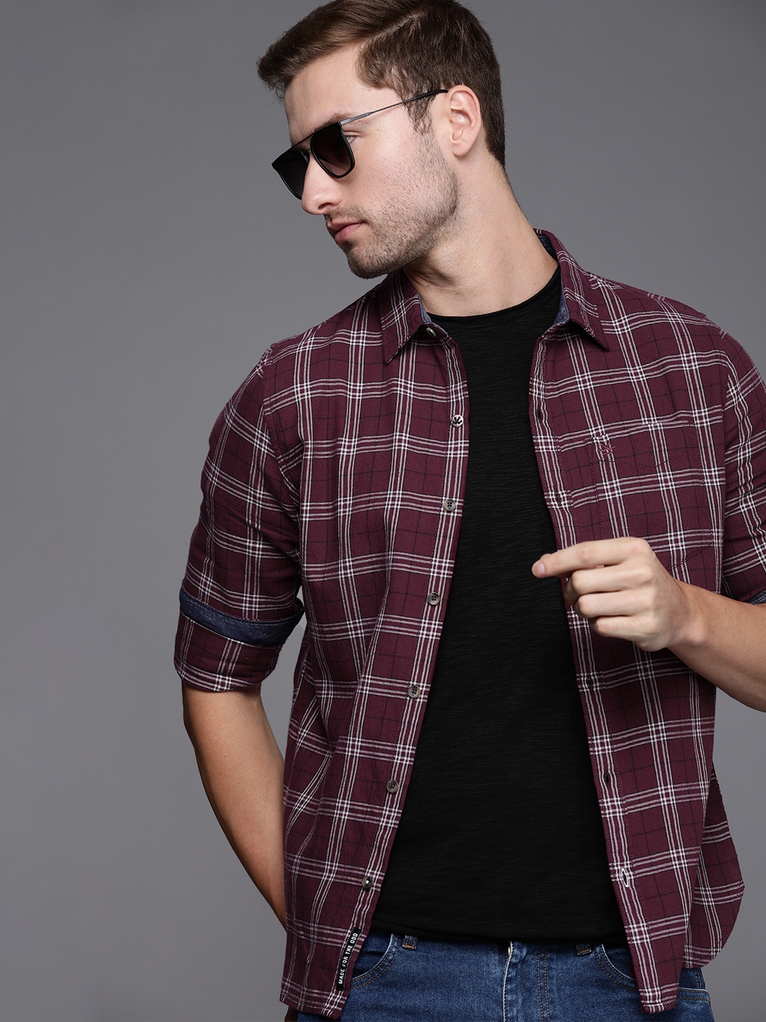 

WROGN Men Maroon Slim Fit Tartan Checks Casual Shirt