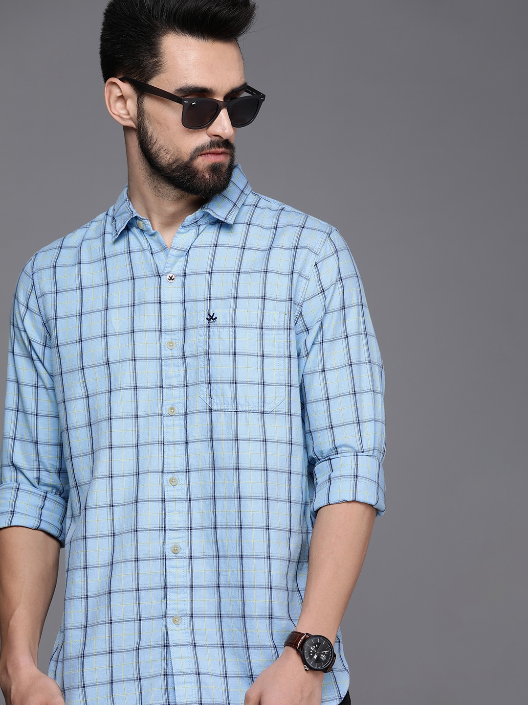 

WROGN Men Blue Slim Fit Checked Pure Cotton Casual Shirt