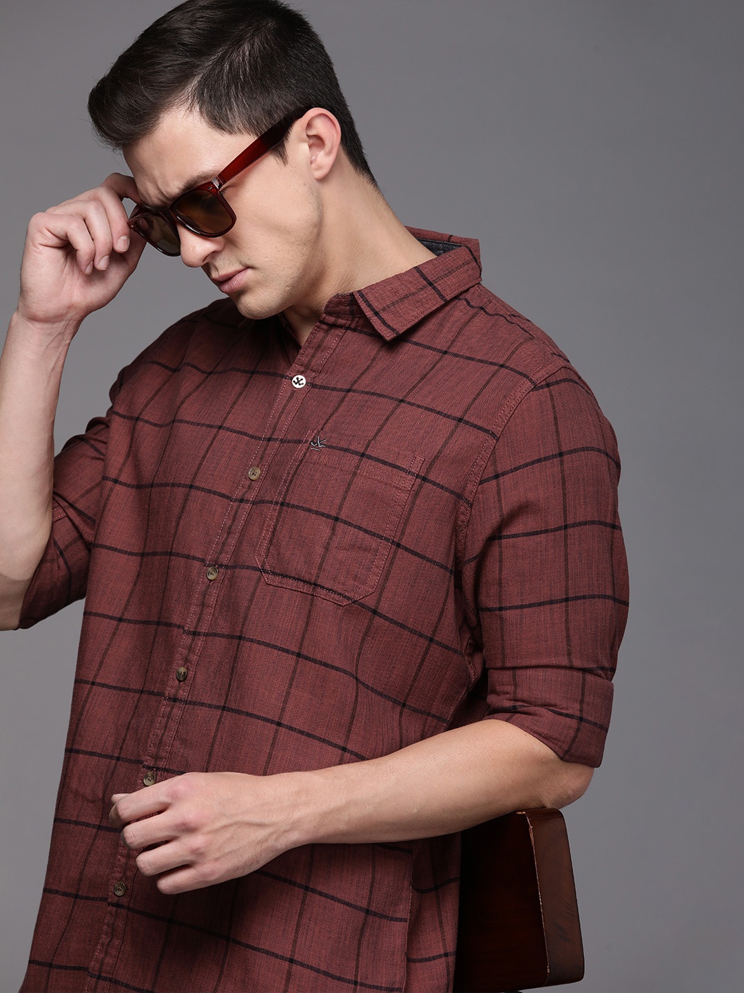 

WROGN Men Maroon Slim Fit Checked Pure Cotton Casual Shirt