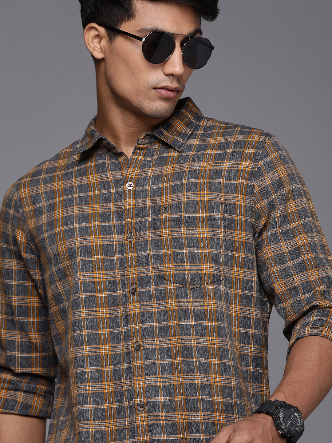 

WROGN Men Grey & Yellow Slim Fit Checked Pure Cotton Casual Shirt