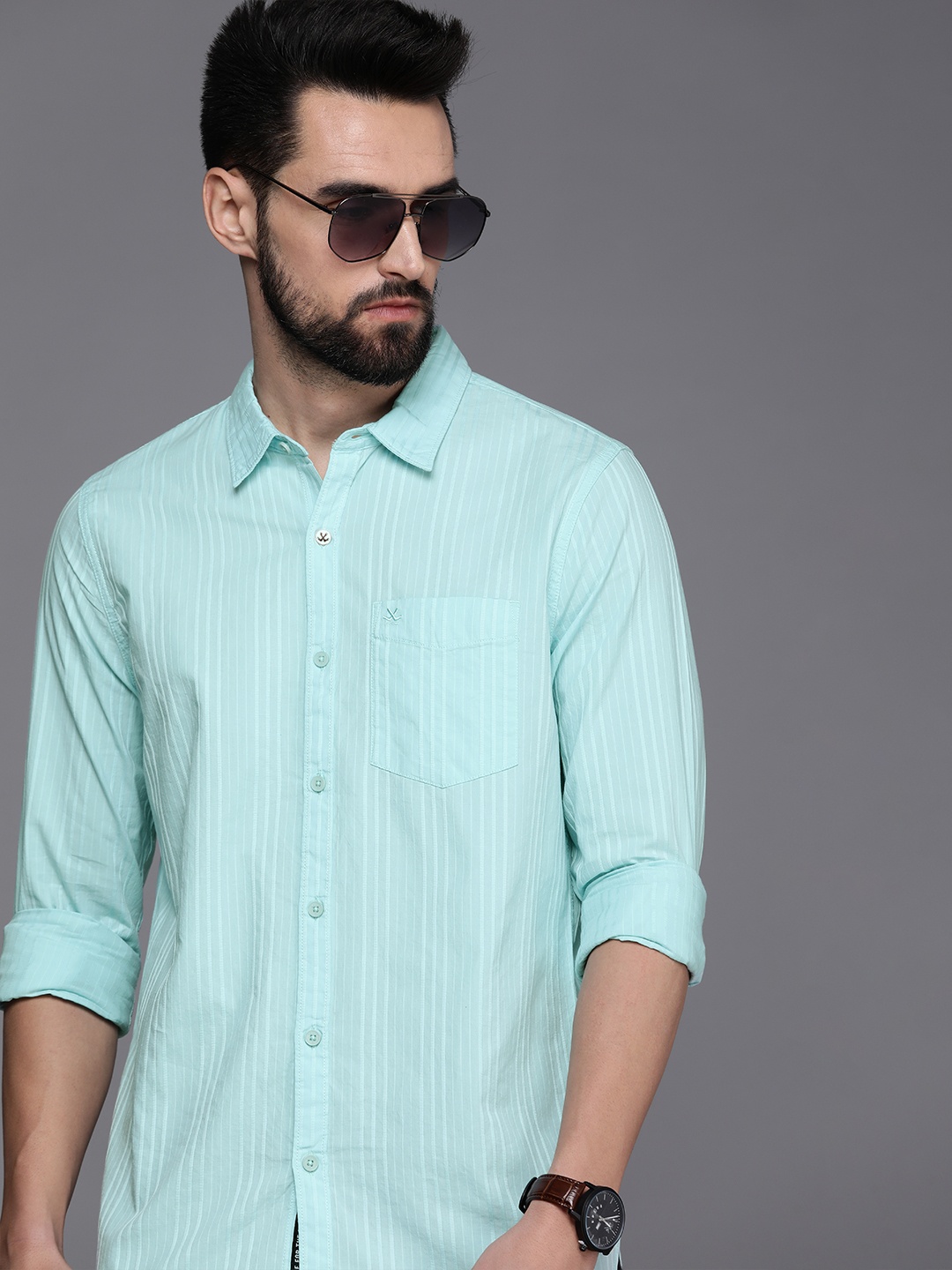 

WROGN Men Blue Slim Fit Striped Pure Cotton Casual Shirt