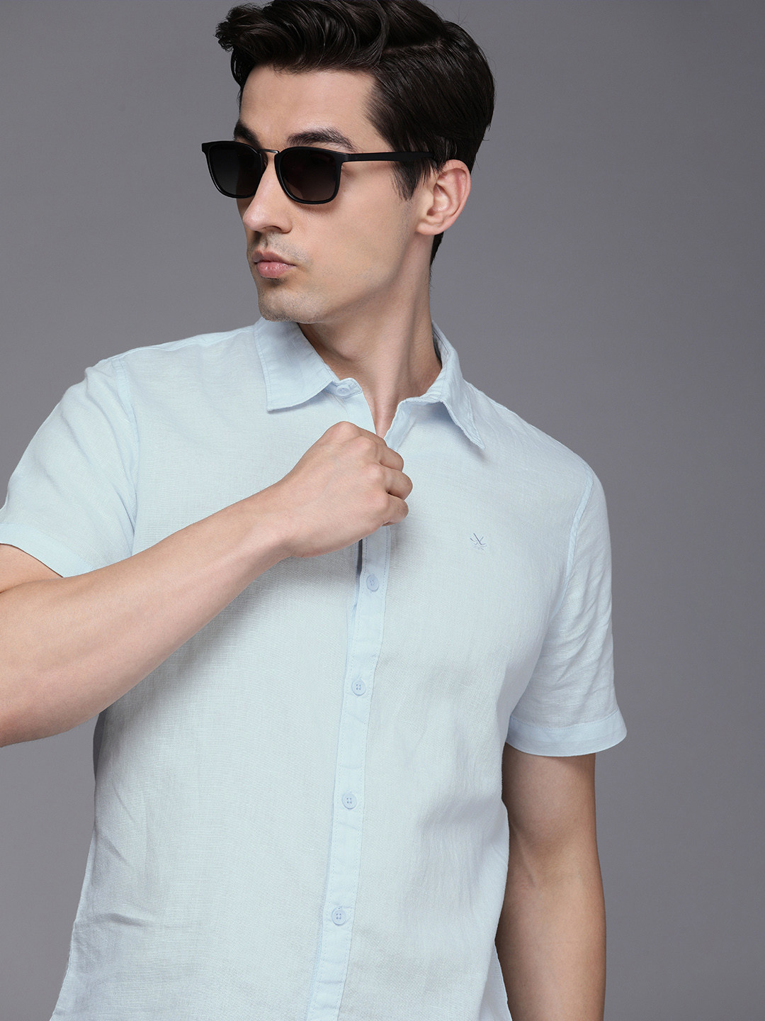 

WROGN Men Light Blue Solid Slim Fit Cotton Linen Casual Shirt