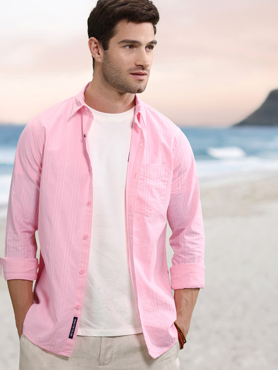 

WROGN Men Pink Slim Fit Self Striped Pure Cotton Casual Shirt
