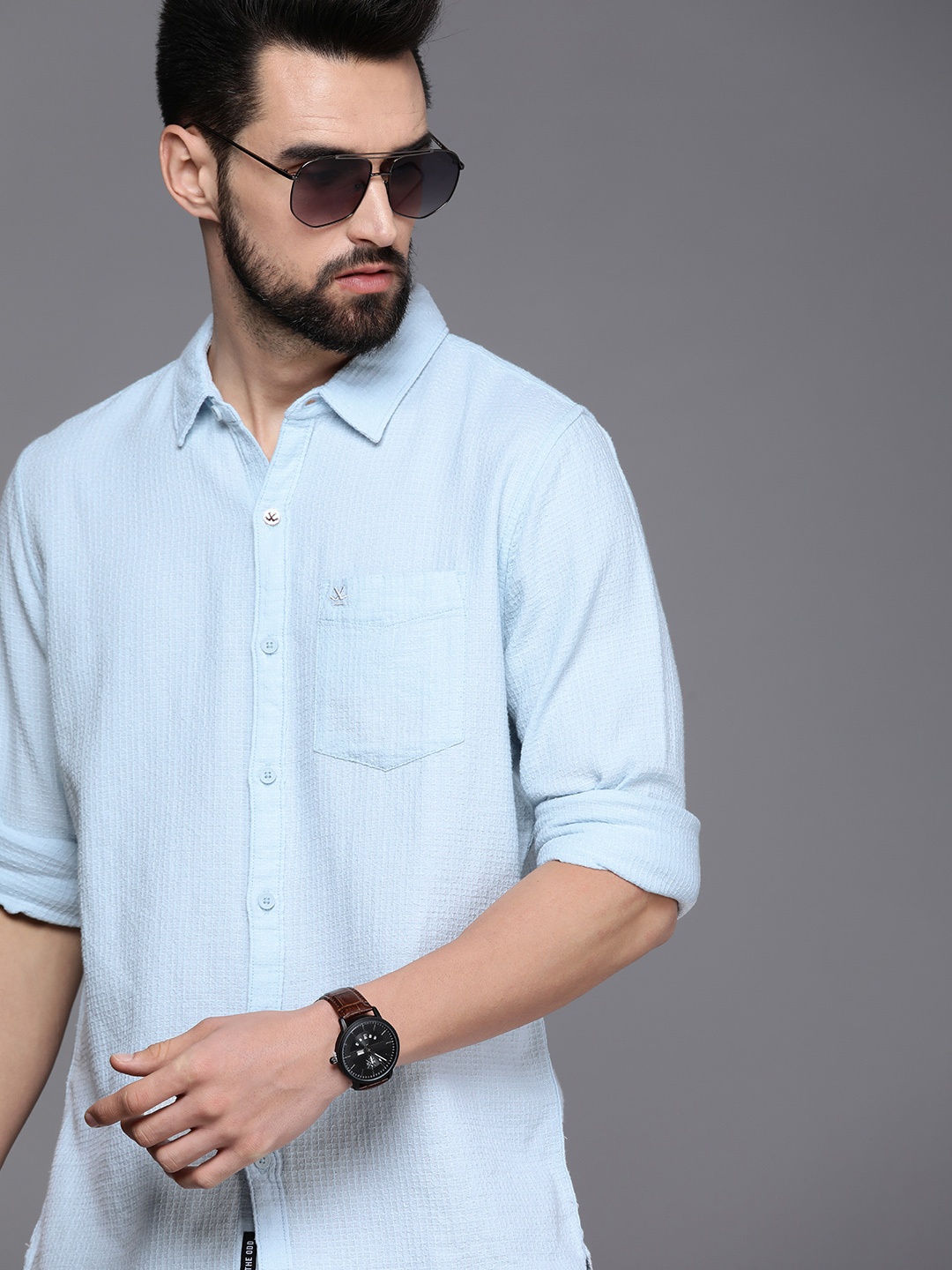 

WROGN Men Blue Self-Design Slim Fit Pure Cotton Casual Shirt