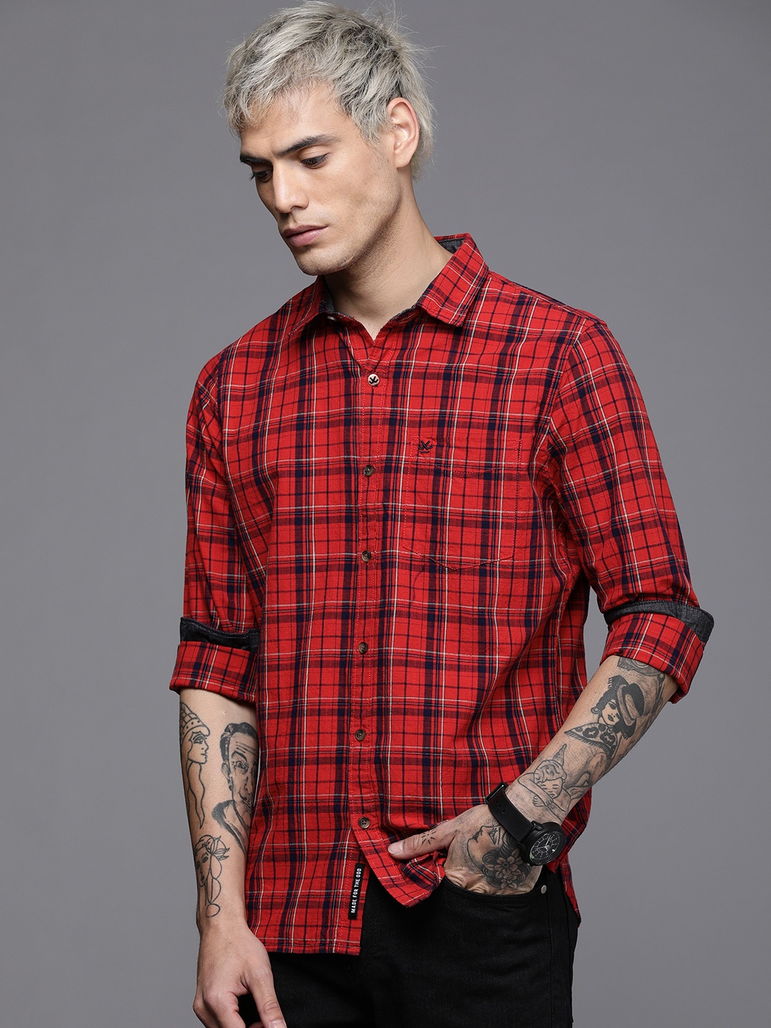 

WROGN Men Red & Blue Tartan Checks Casual Shirt