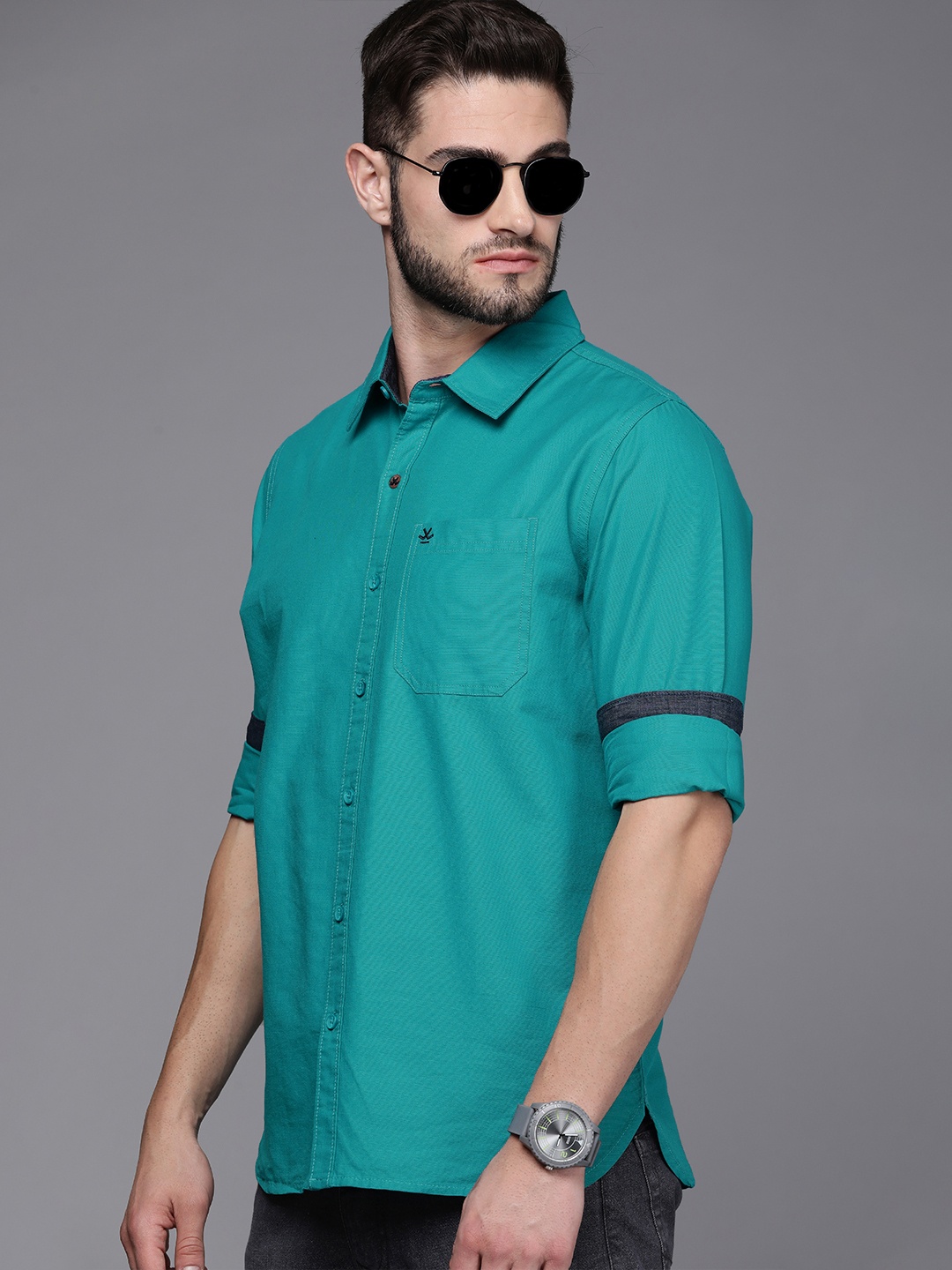 

WROGN Men Teal Green Slim Fit Pure Cotton Casual Shirt