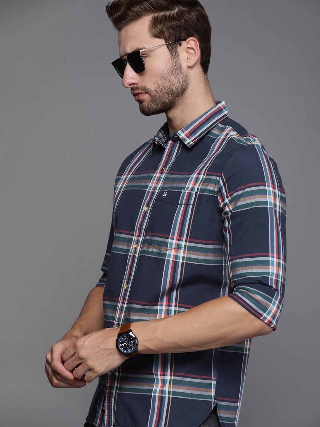 

WROGN Men Navy Blue Slim Fit Tartan Checked Casual Shirt