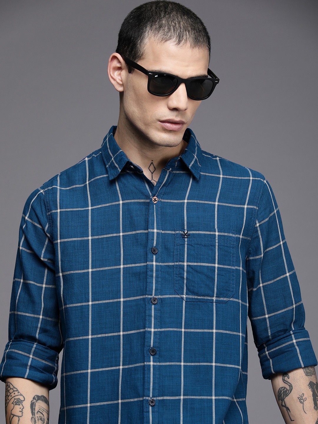 

WROGN Men Blue And Beige Slim Fit Windowpane Checked Pure Cotton Casual Shirt