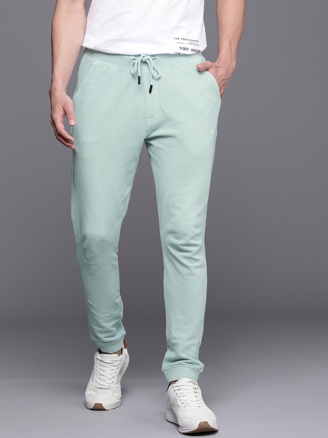 

WROGN Men Blue Self-Design Slim Fit Pure Cotton Joggers