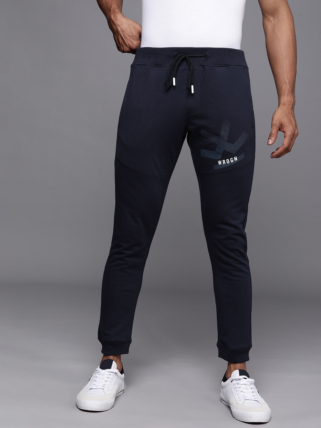 

WROGN Men Navy Blue Brand Logo Printed Joggers