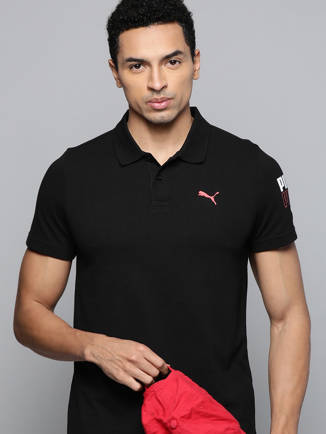 

Puma Men Black Brand Logo Printed Polo Collar Slim Fit T-shirt