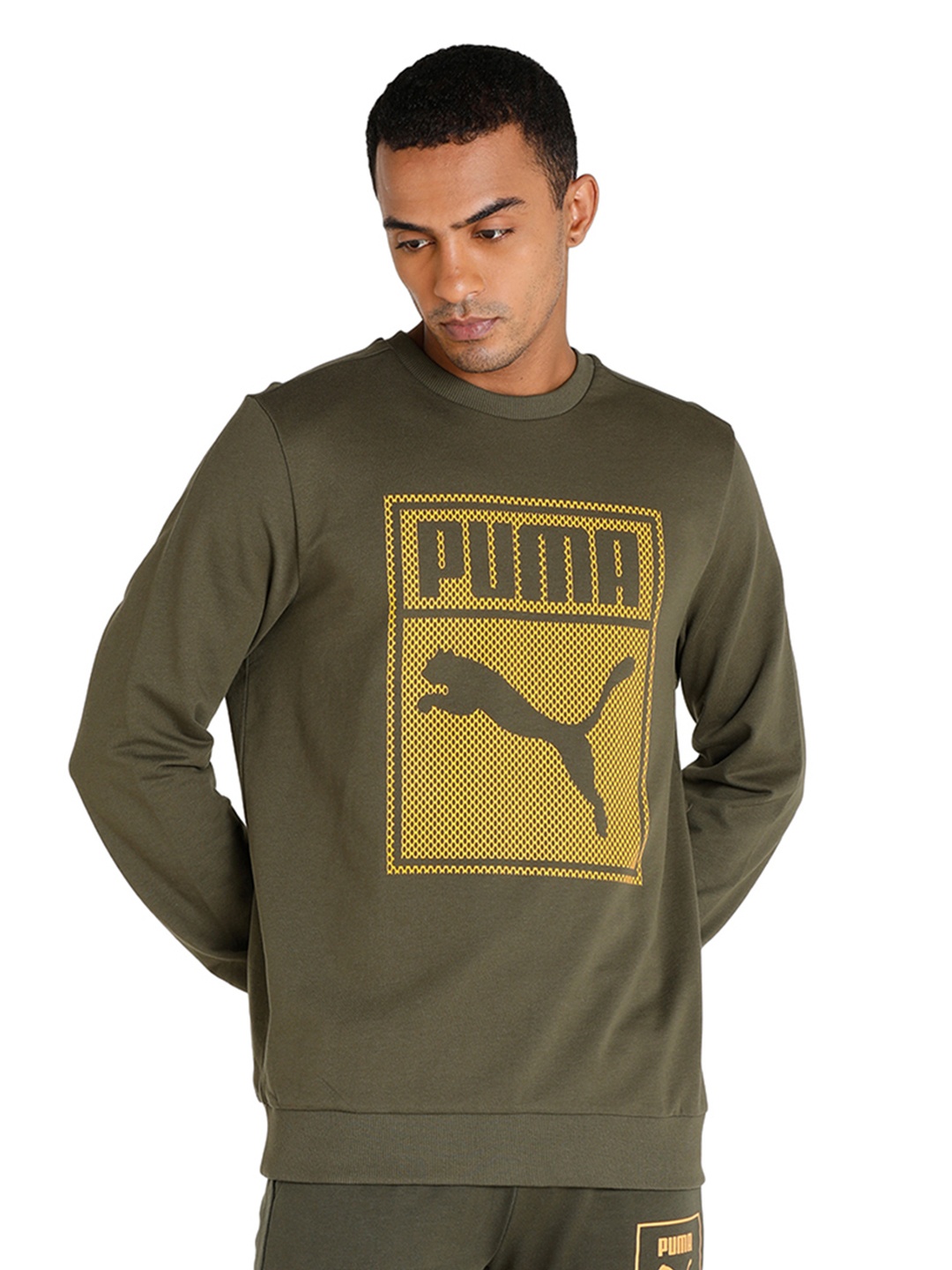 

Puma Men Olive Green Brand Logo Printed Graphic Crew Pullover Sweatshirt