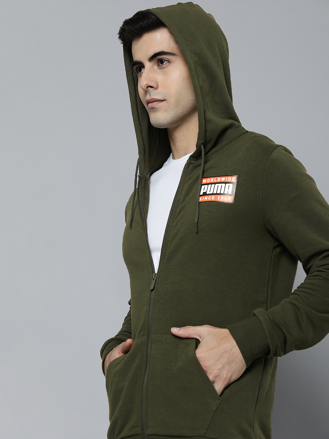 

Puma Men Olive Green Brand Logo Printed Hooded Track Sweatshirt