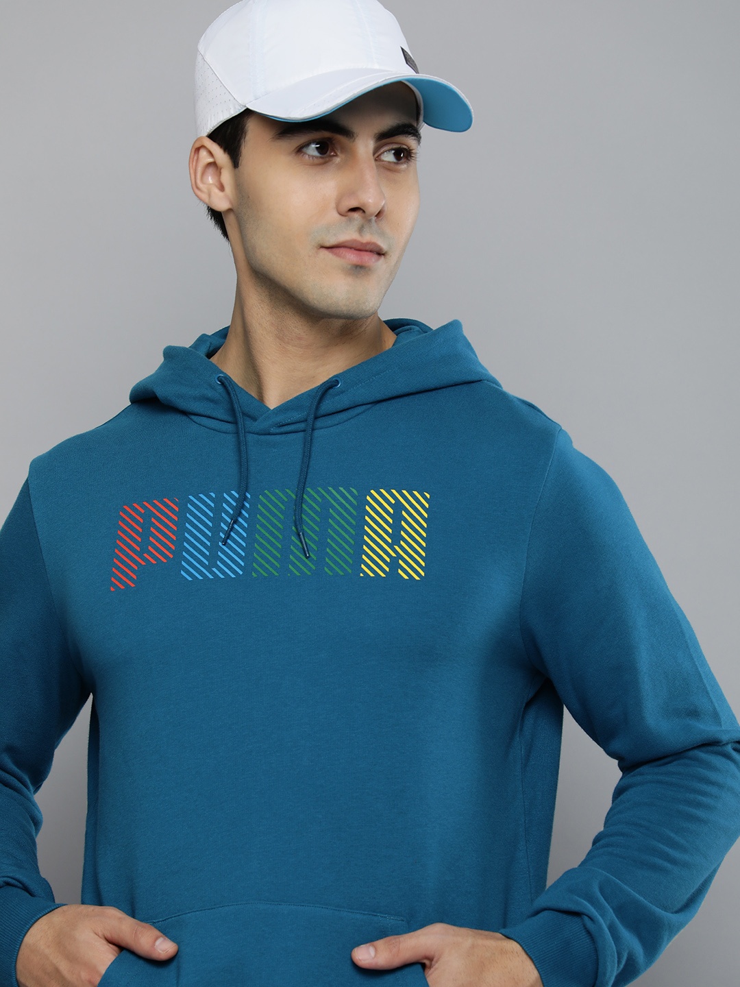 

Puma Men Blue Brand Logo Printed Pullover Hooded Sweatshirt