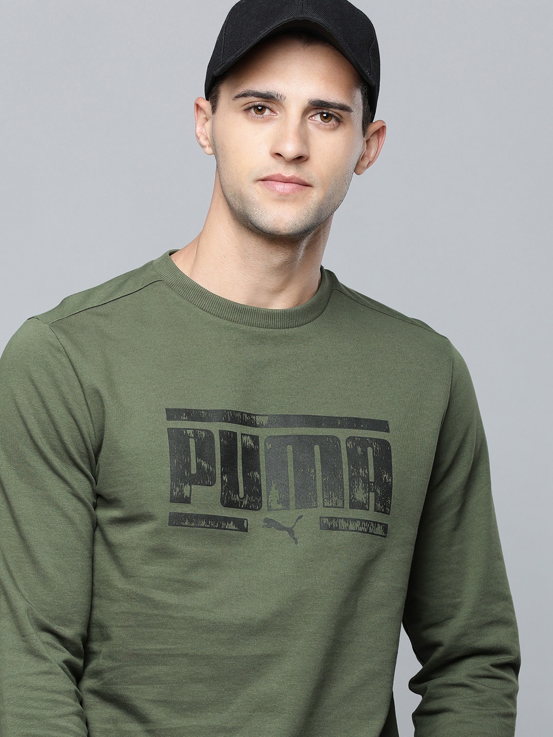 

Puma Men Olive Green Brand Logo Printed Graphic Crew Pullover Sweatshirt