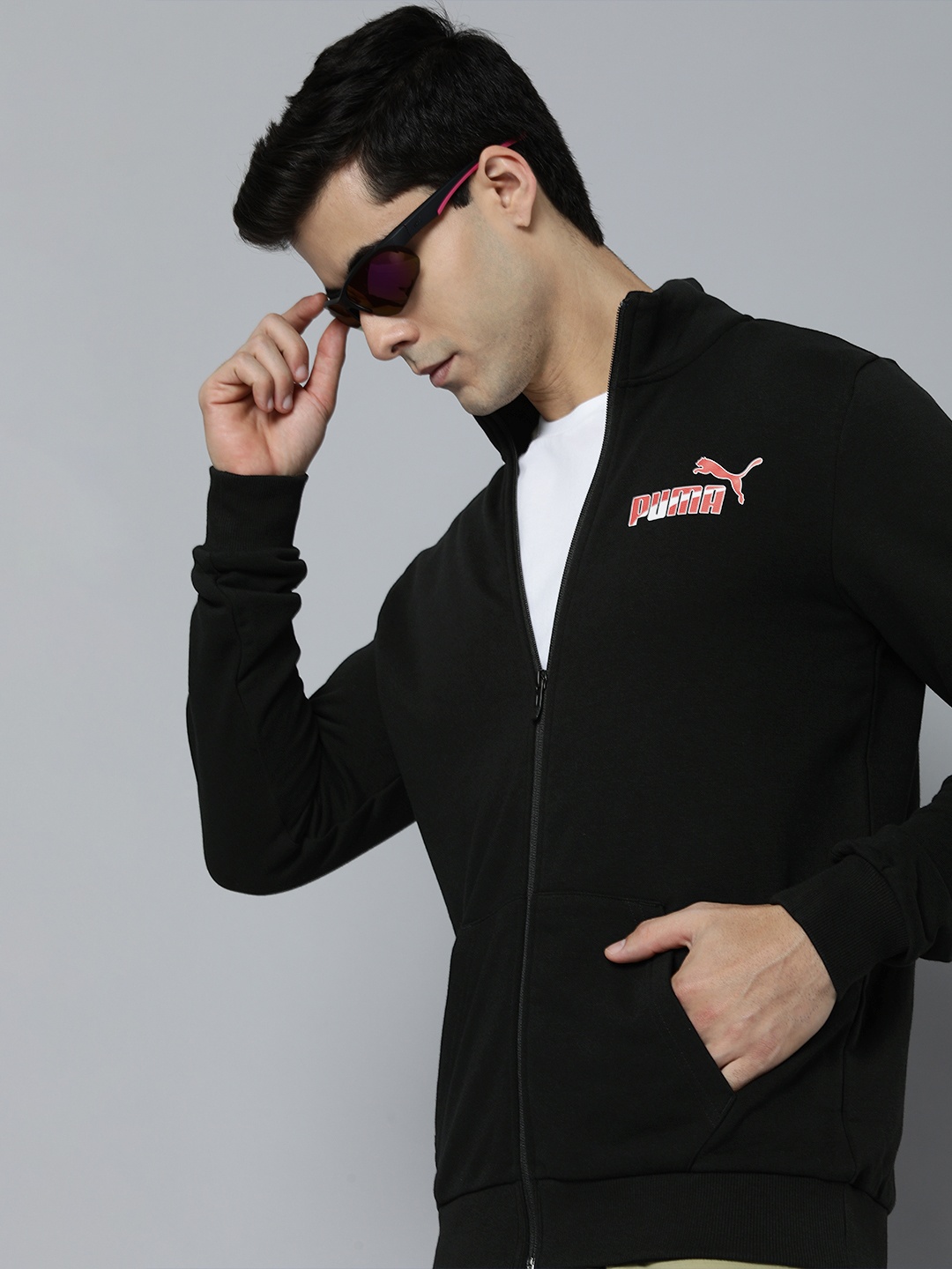 

Puma Men Slim Fit Brand Logo Printed Knitted Sporty Track Jacket, Black