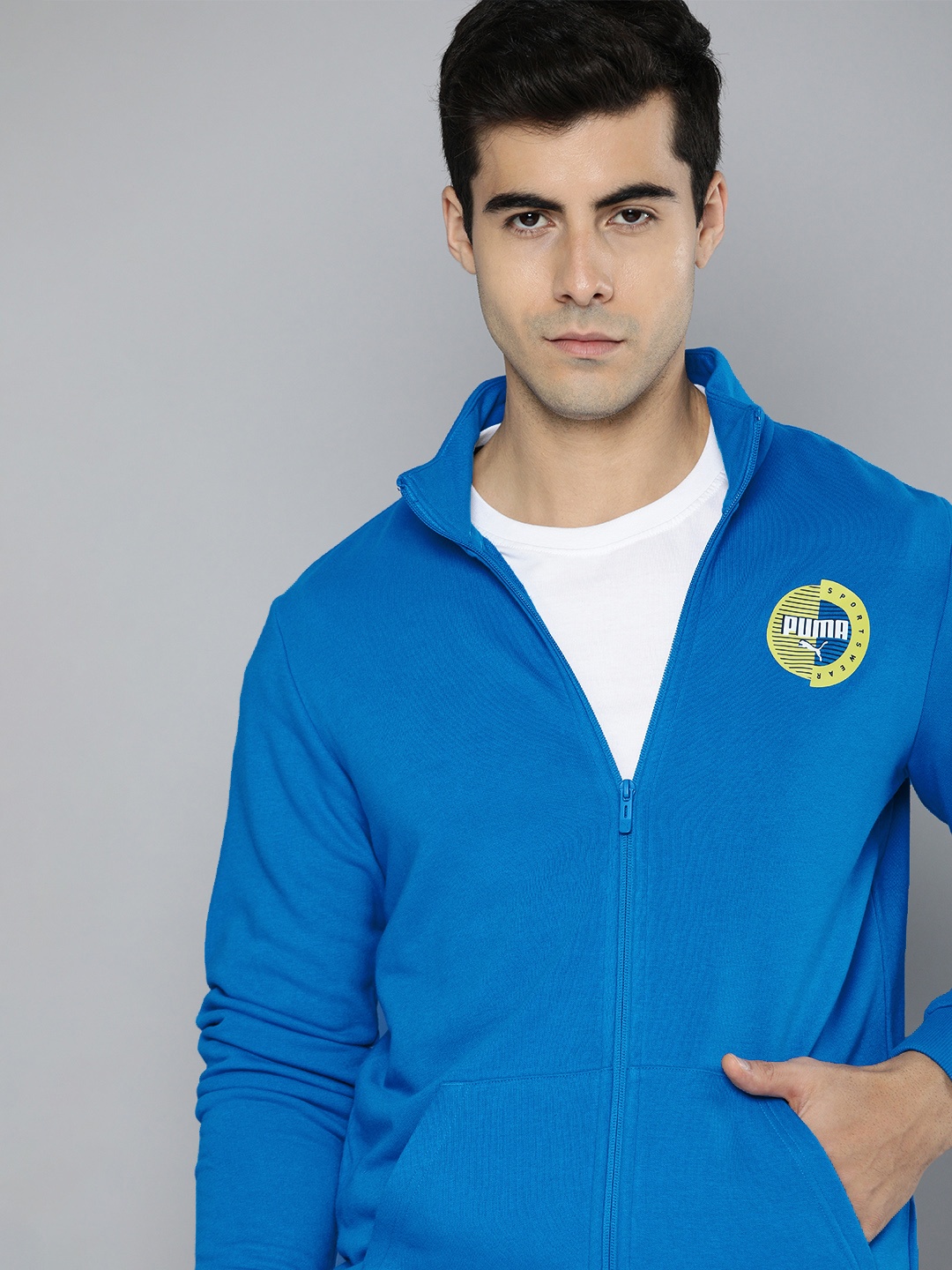 

Puma Men Slim Fit Brand Logo Printed Bomber Track Jacket, Blue