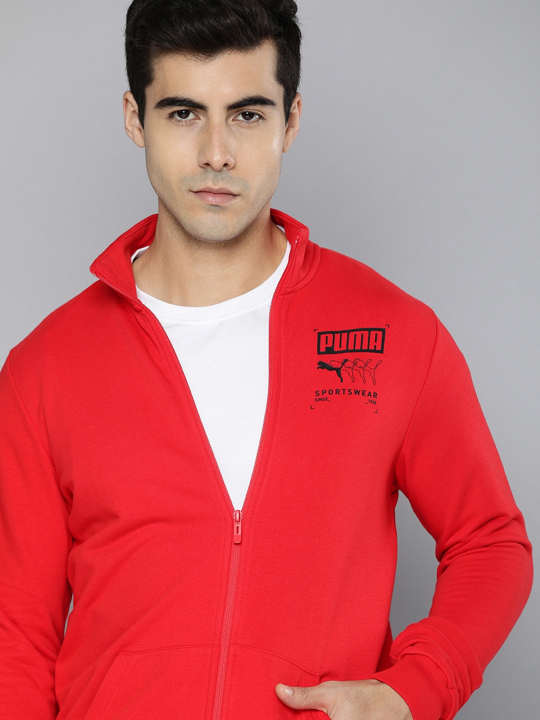 

Puma Men Brand Logo Printed Slim Fit Bomber Track Jacket, Red