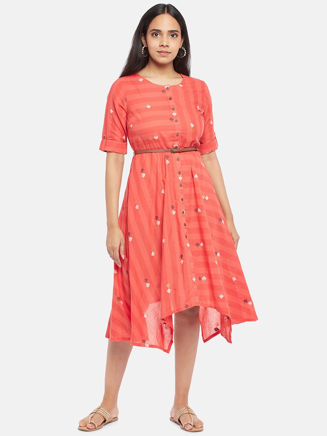 

AKKRITI BY PANTALOONS Red Abstract Printed Pure Cotton Midi Fit & Flare Dress