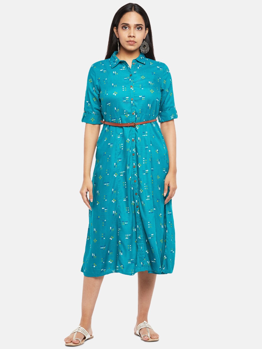 

AKKRITI BY PANTALOONS Women Turquoise Blue & Yellow Ethnic Motifs Printed Shirt Dress